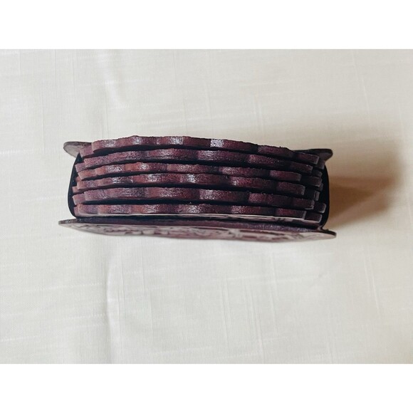 Artisan Hand-Tooled Embossed Peruvian Leather Coasters Set of 6 w/ Holder VTG - Picture 11 of 12